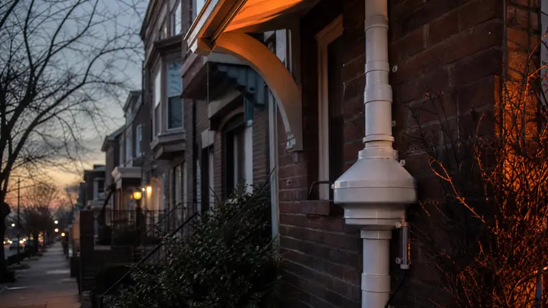 Downtown York, Pennsylvania street with brick storefronts at dusk