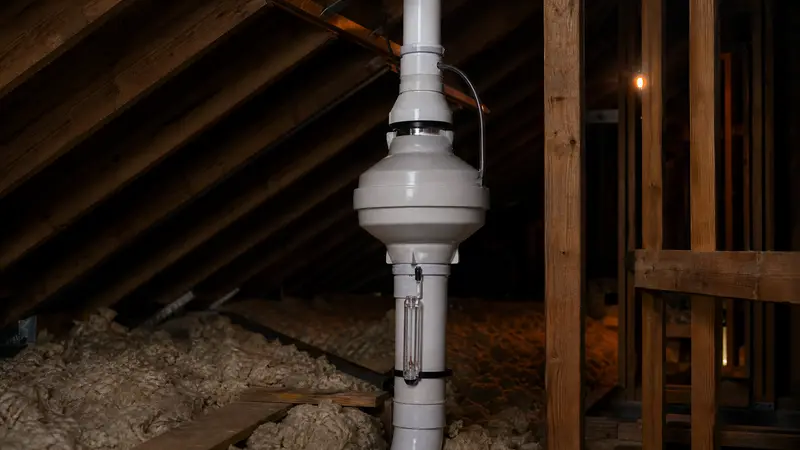 Radon fan installed in an attic on a vertical pipe
