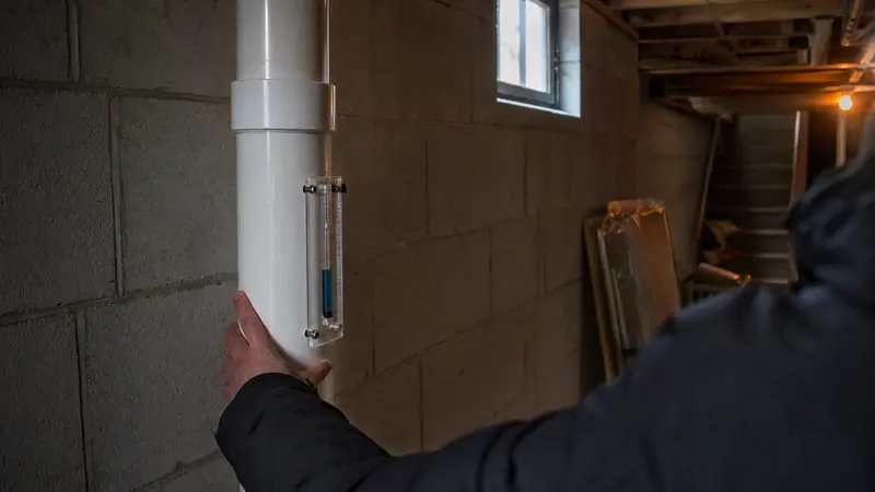 Manometer on an existing radon pipe during a home tour