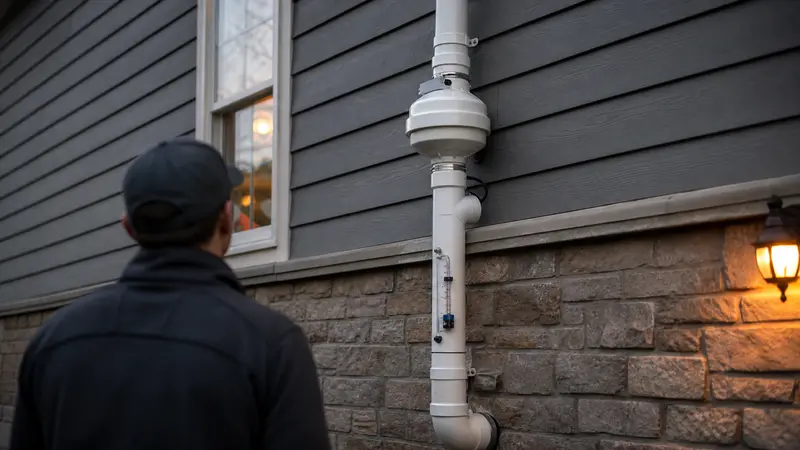 Home buyer looking at a radon vent pipe on the side of a house, seen from behind