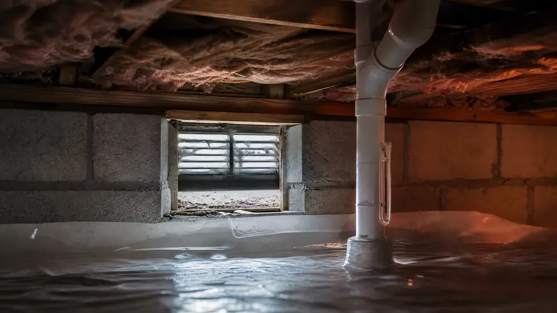 Open crawl space vent seen from inside the crawl space