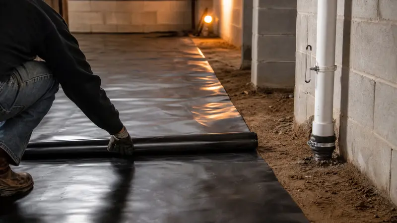 Radon membrane being rolled out over a dirt basement floor