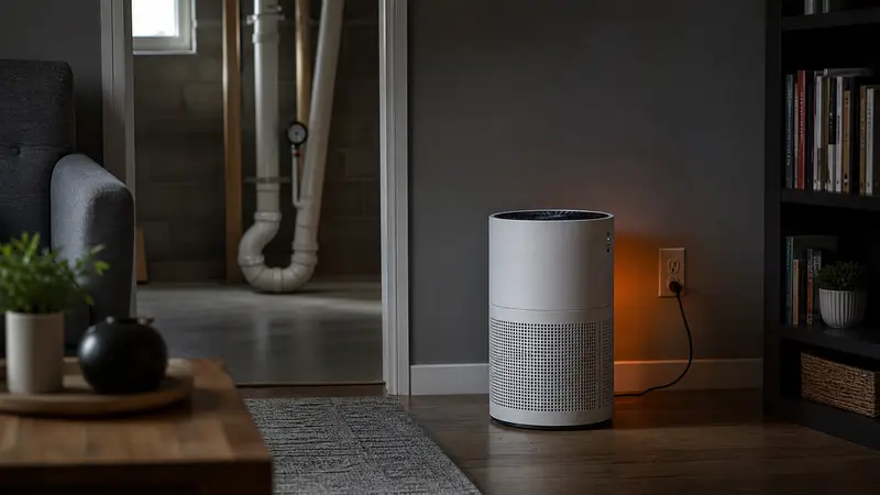 Room air purifier running in a living room