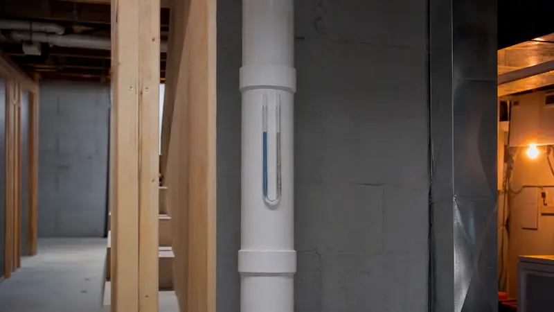 Working radon mitigation system with a manometer showing suction