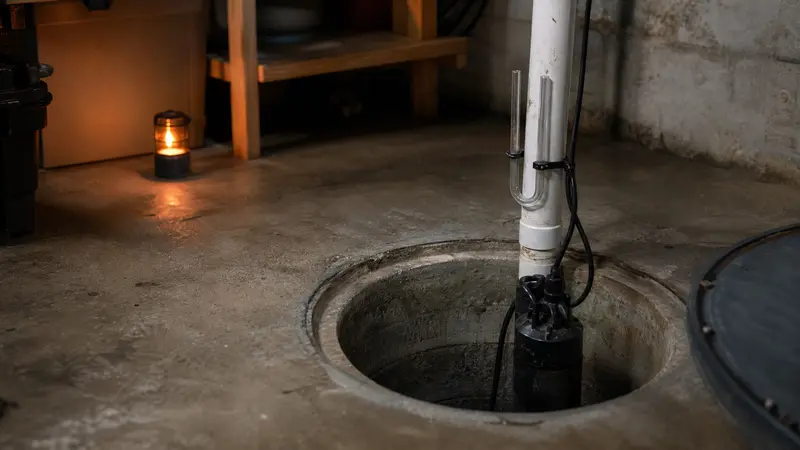 Sump pump inside an open basement sump pit