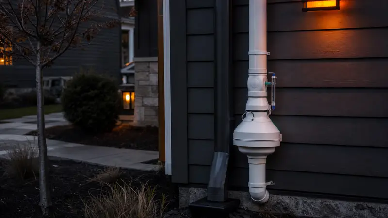 Home exterior with a radon pipe beside the downspout