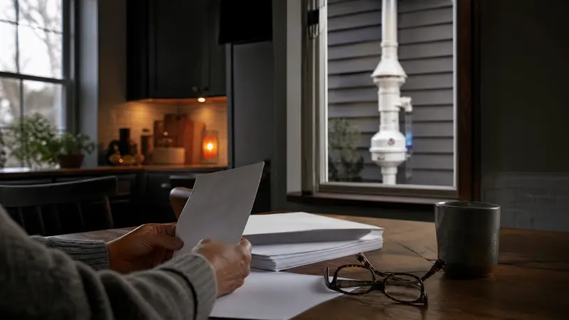 Blank insurance policy papers on a kitchen table beside reading glasses