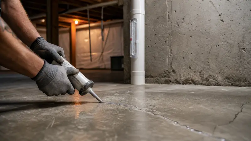 Hands applying urethane caulk to a basement floor crack