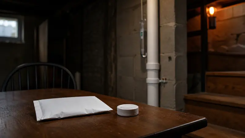 Unopened radon test kit envelope and canister on a table