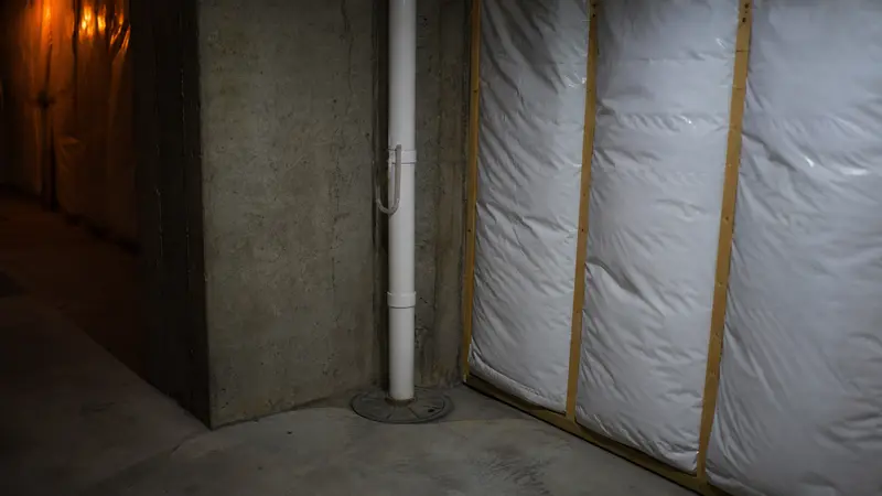 Basement suction point with PVC pipe leading up to the ceiling