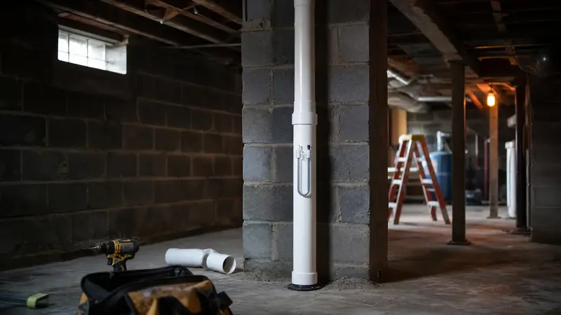 Radon installation in progress with tools and pipe in a basement
