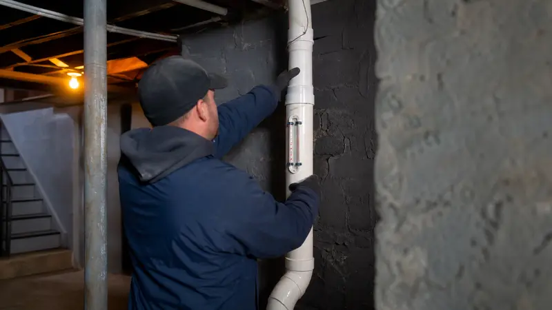 Professional radon installation with neatly strapped pipe