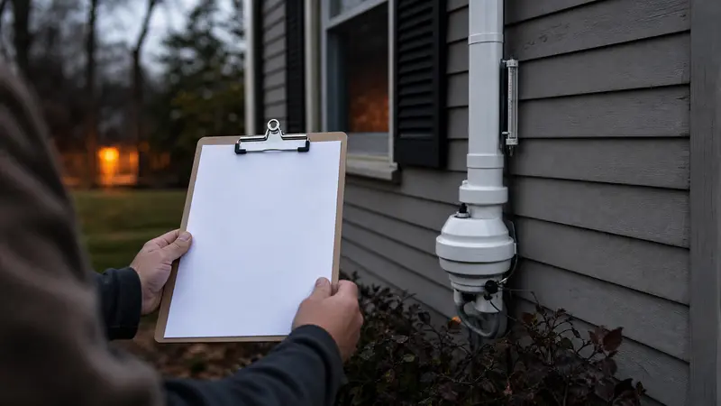 Installer’s hands holding a blank clipboard quote in front of a house
