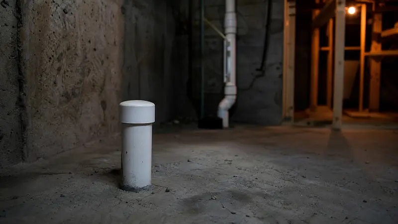 Capped PVC pipe stub coming up through a basement floor