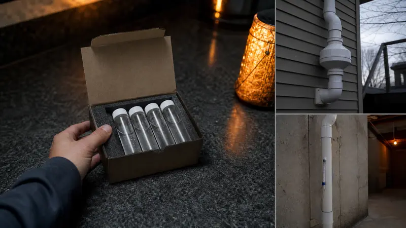 Well water sample vials in a small shipping box