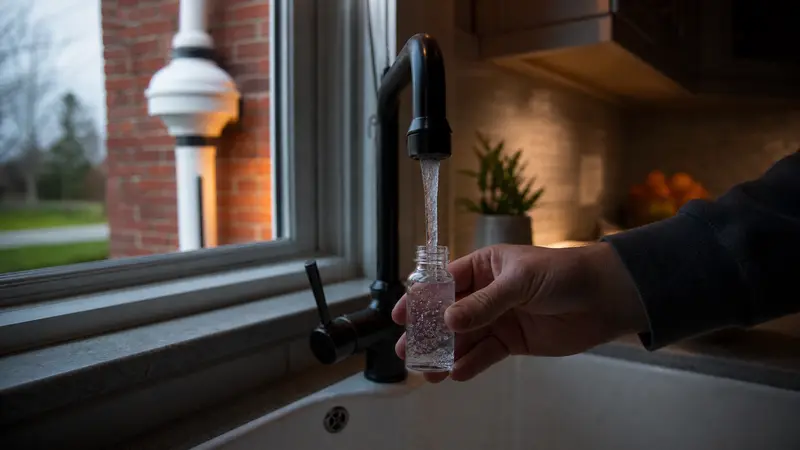 Water sample vial being filled from a kitchen faucet