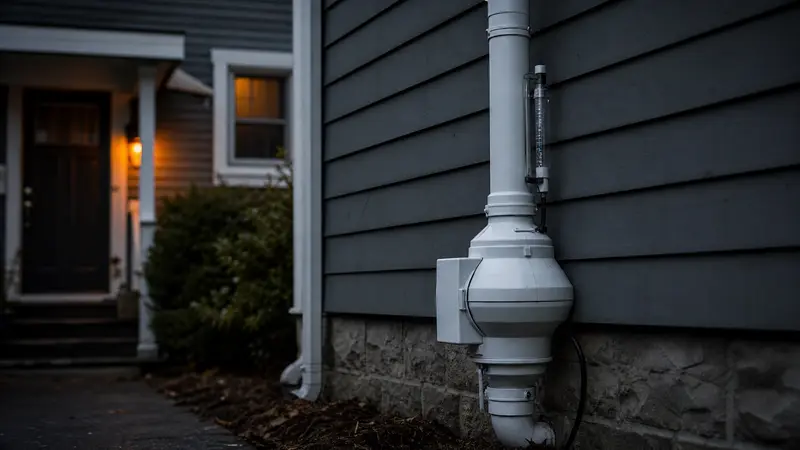 Radon vent pipe on the back of a house for sale