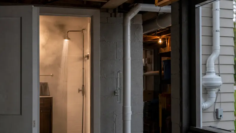 Shower running in a bathroom with steam in the air