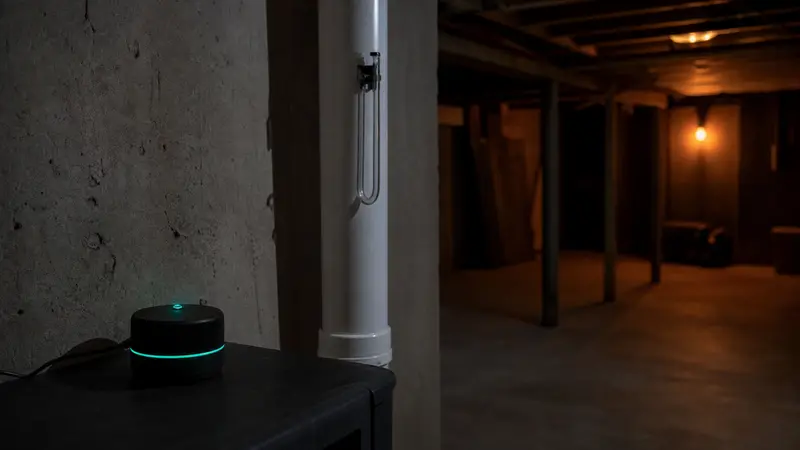 Quiet basement with a radon monitor glowing softly in the dark