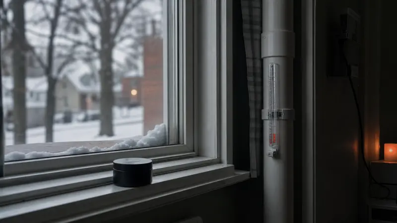Radon test kit on a windowsill in winter