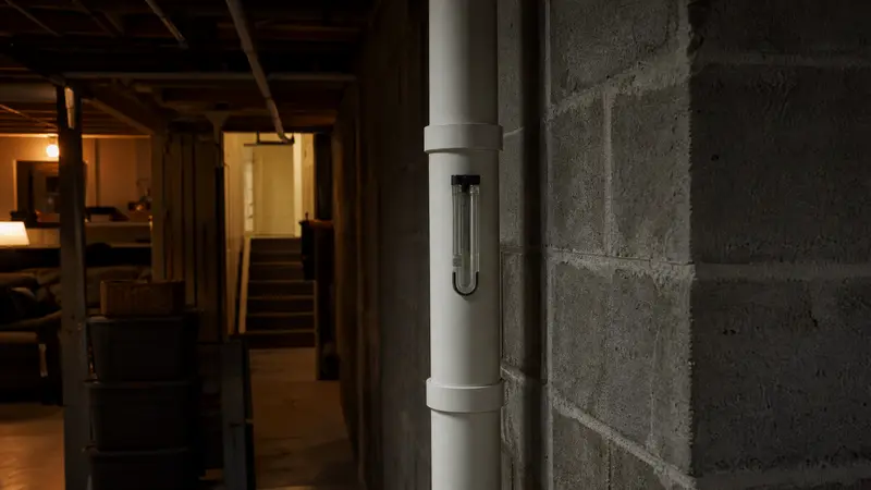 Radon test device in a basement apartment