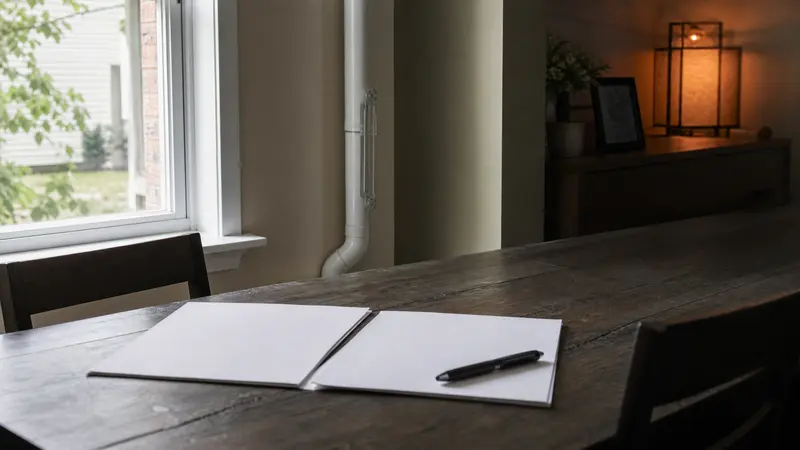 Blank seller disclosure papers and a pen on a dining table