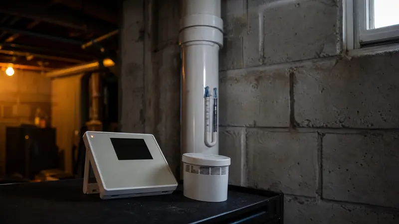 Professional continuous radon monitor next to a home test kit