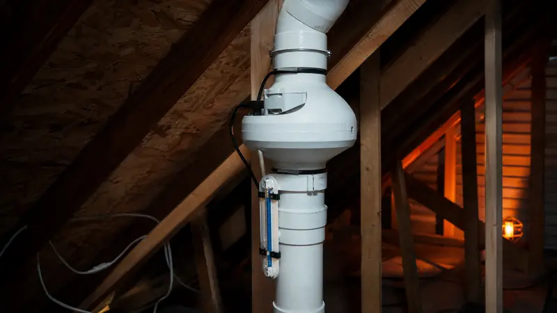 Radon fan mounted in a garage attic