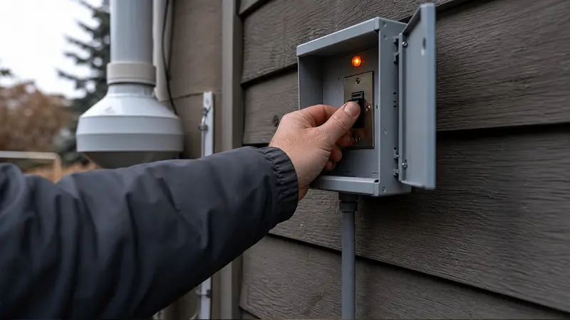 Hands checking the switch for a radon fan