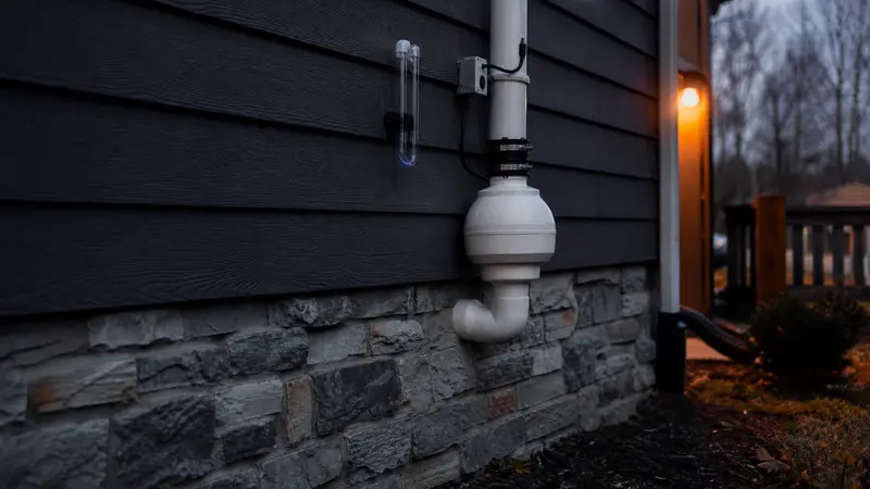 Radon pipe on a slab home exterior