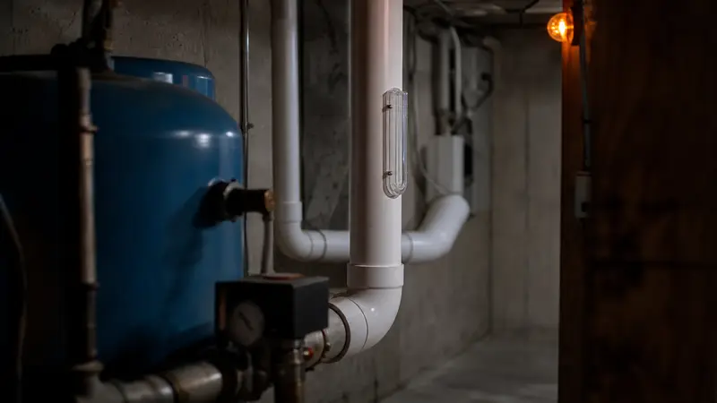 Pressure tank and water lines in a basement