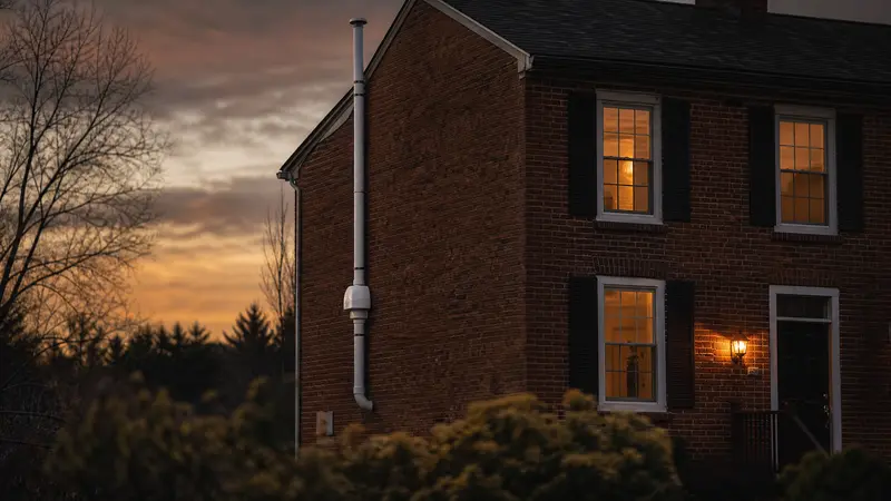 Brick Pennsylvania home at dusk with a white radon vent pipe and fan on the side wall