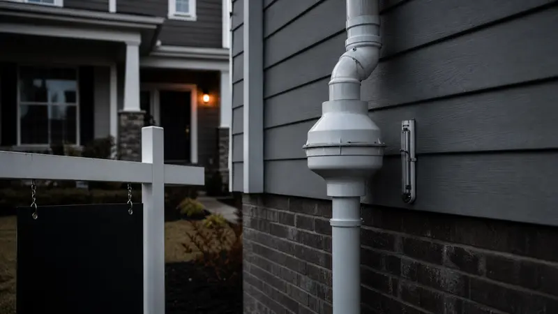 Radon installation on a home with a sold sign out front