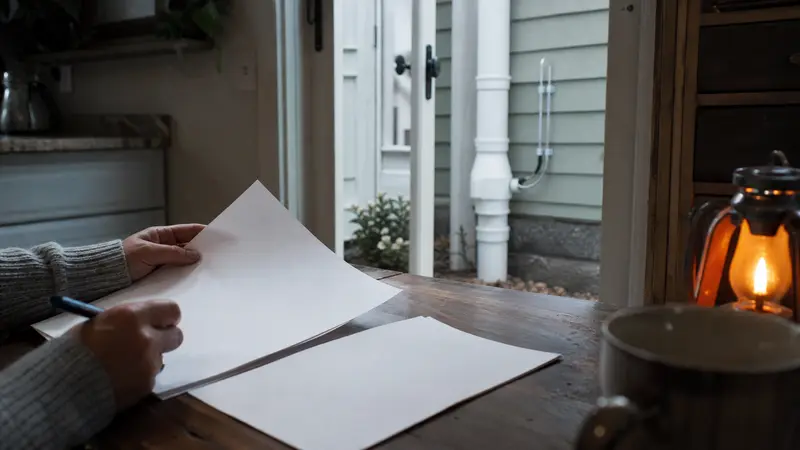 Blank grant application papers and a pen on a kitchen table