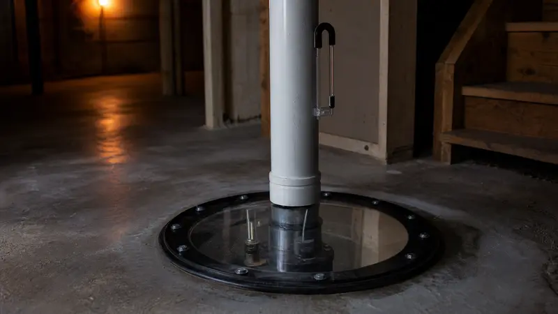 Sump pump visible through a sealed radon cover