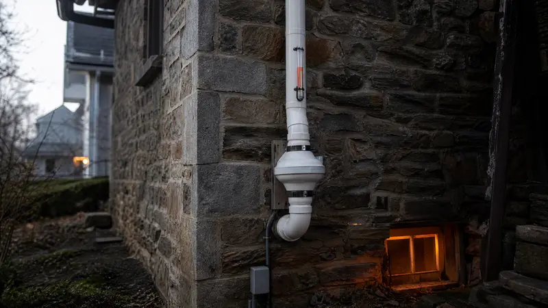 Radon pipe routed along a rear corner of an old house