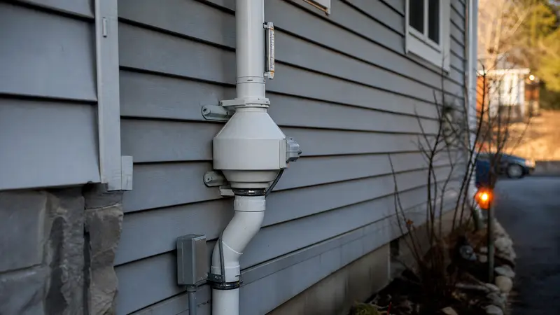 Radon fan and exterior pipe clamps on a clear day