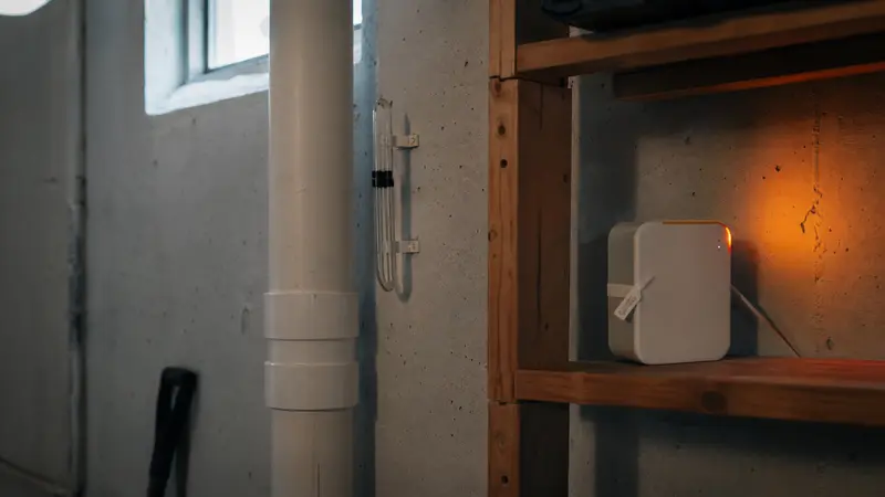 Continuous radon monitor with a tamper seal on a basement shelf