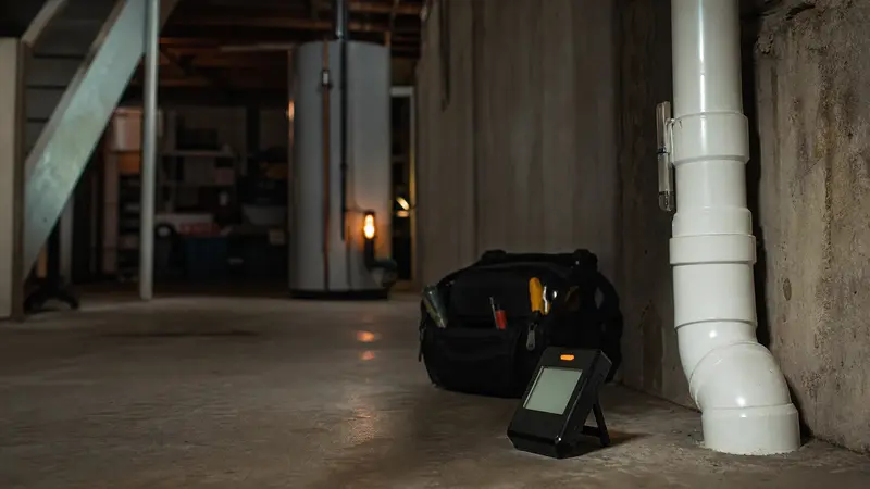Radon monitor next to inspection tools in a basement
