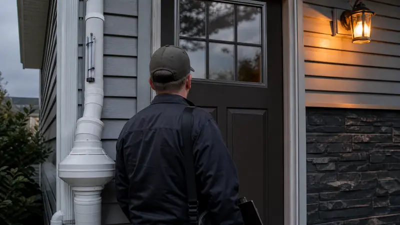 Home inspector from behind at the front door of a York house