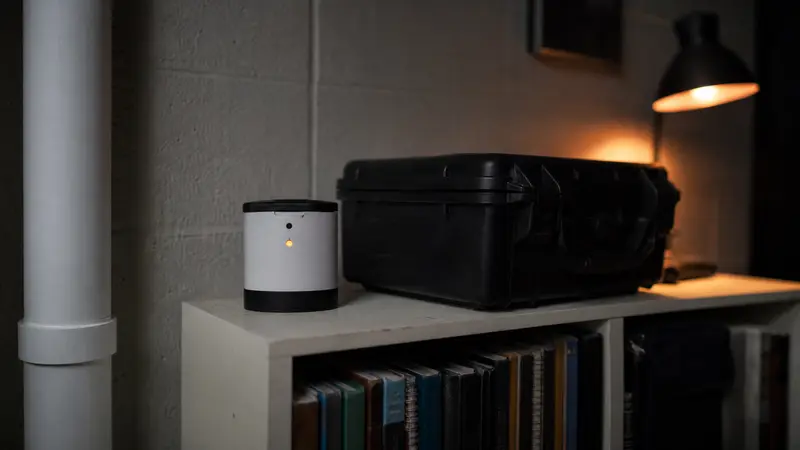 Radon test device on a shelf in a school room