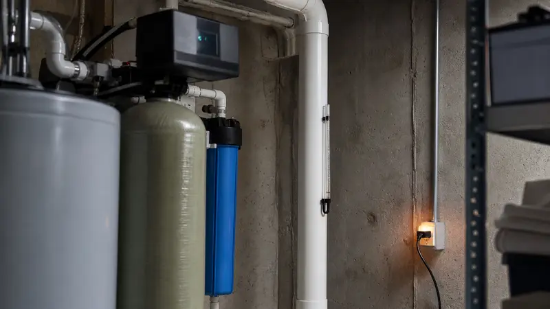 Water treatment equipment in a basement utility room