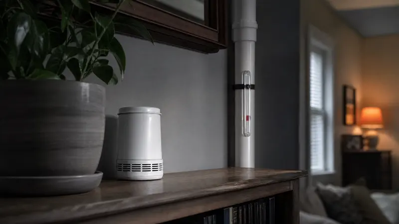 Long-term radon detector on a living room shelf