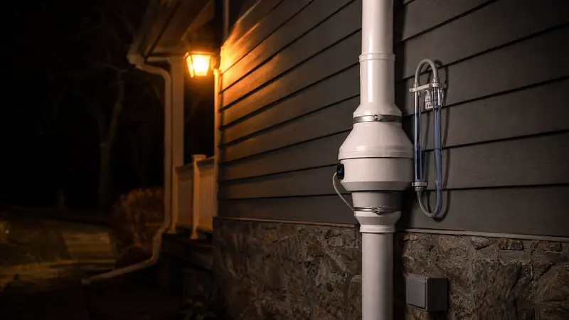 Radon fan running on an exterior wall at night