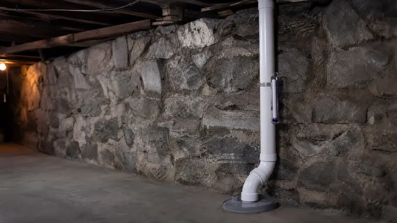 Fieldstone basement foundation with a sealed radon suction point