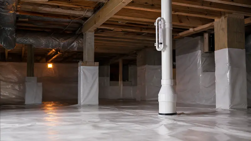Radon membrane over a crawl space floor with a suction pipe