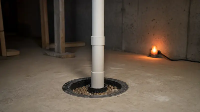 Suction pit under a basement slab with a PVC pipe rising from it