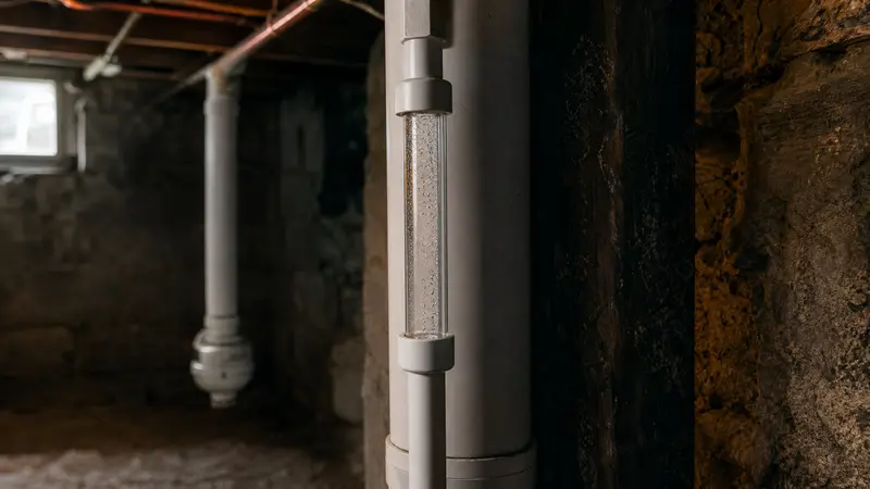 Condensation droplets inside a clear section of radon pipe