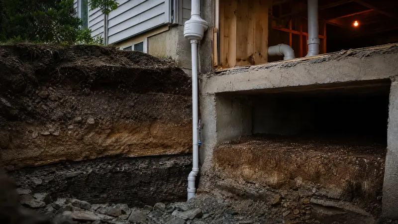 Layers of soil and rock beneath a house foundation, seen in a cut-away excavation