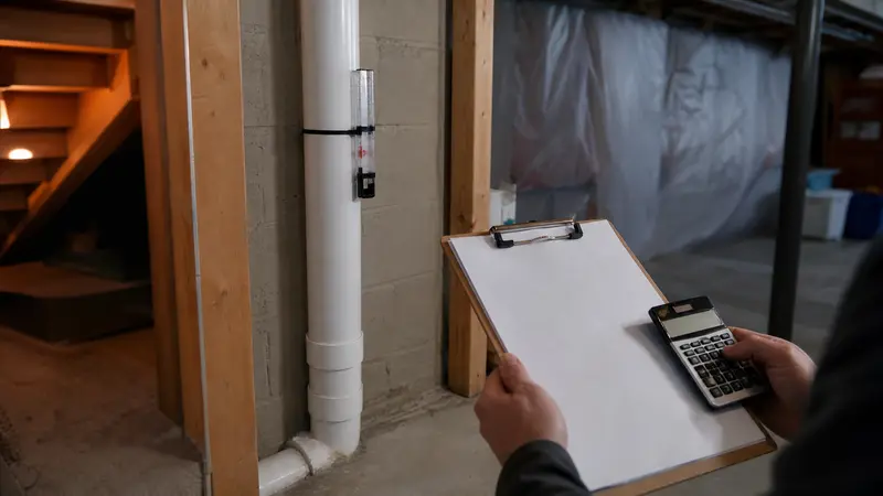 Radon mitigation system on a York home with a calculator and blank quote sheet on a clipboard